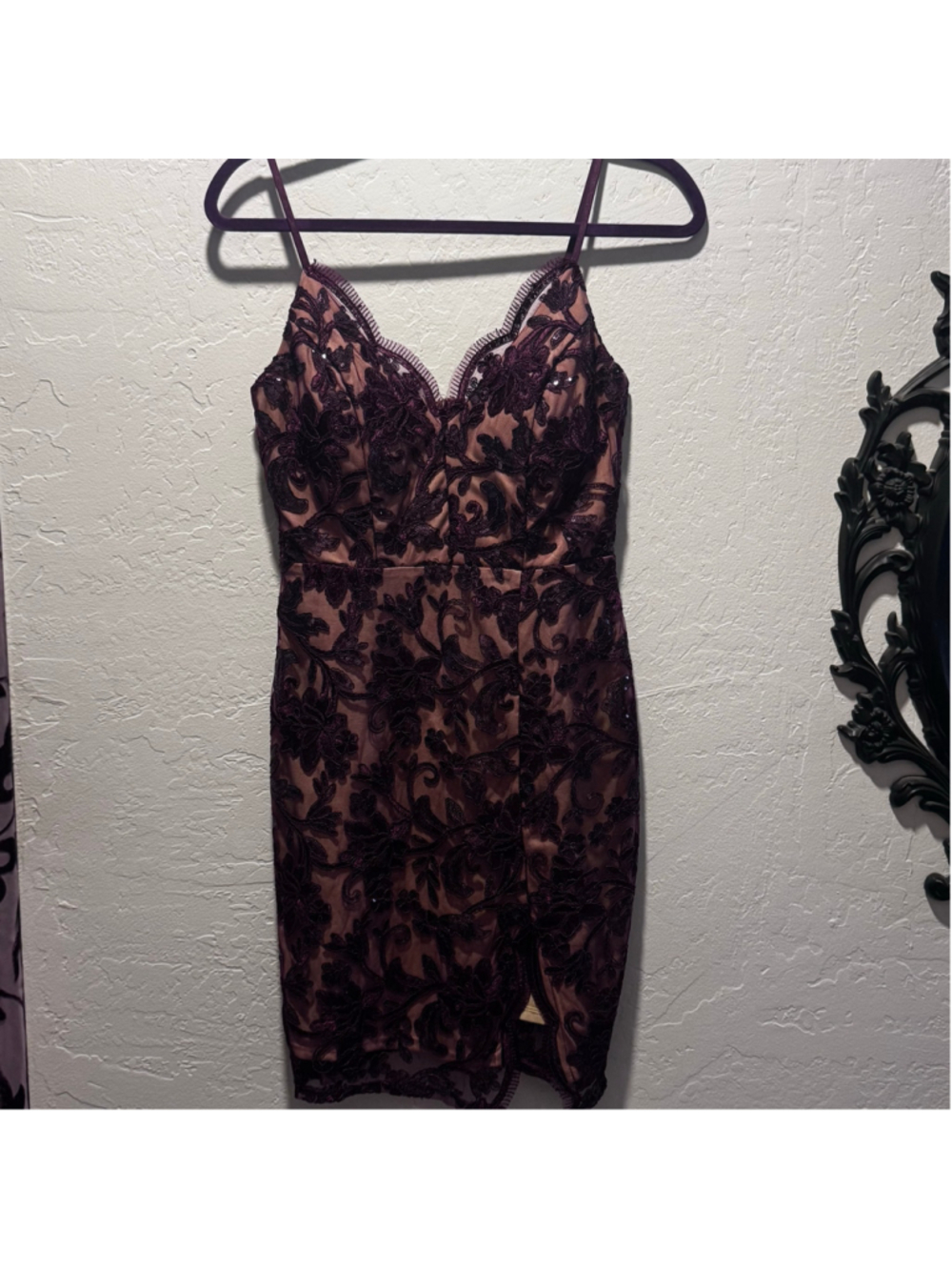 Emerald Sundae Evening Party Prom Mini Dress Size 3 Purple Beige Lace Sequin